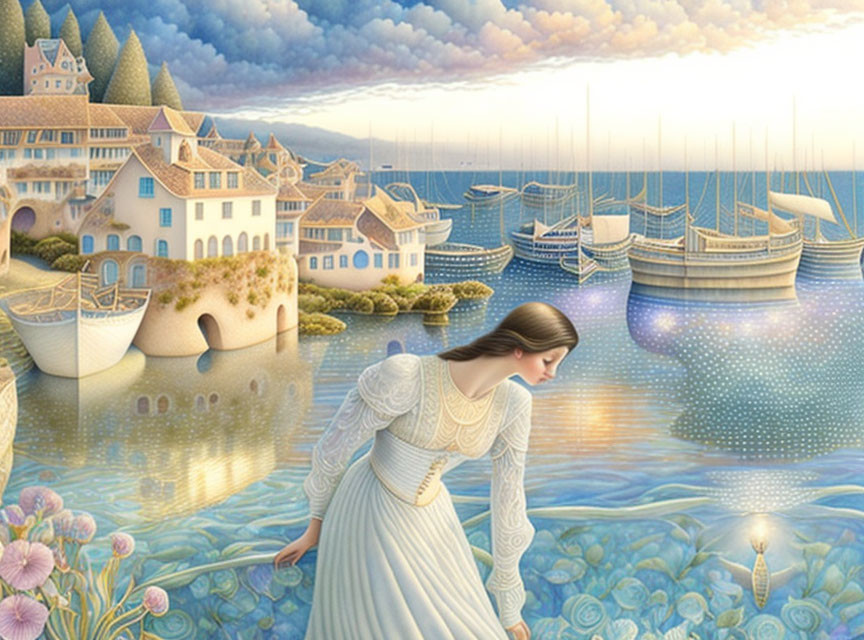 Woman in white dress admiring sea view with boats and town backdrop