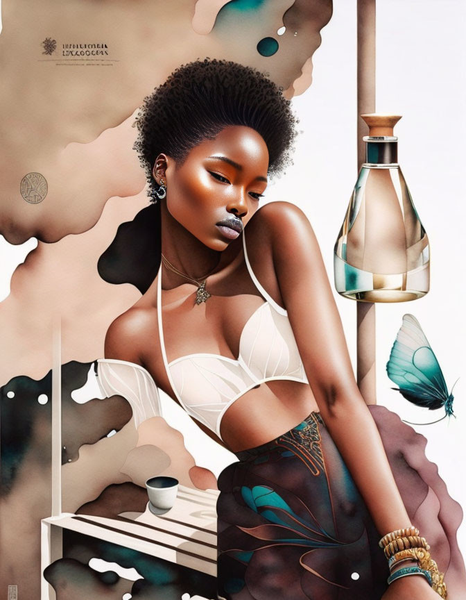 Illustration of woman with dark skin and afro hair in white top with butterfly and elegant decor.