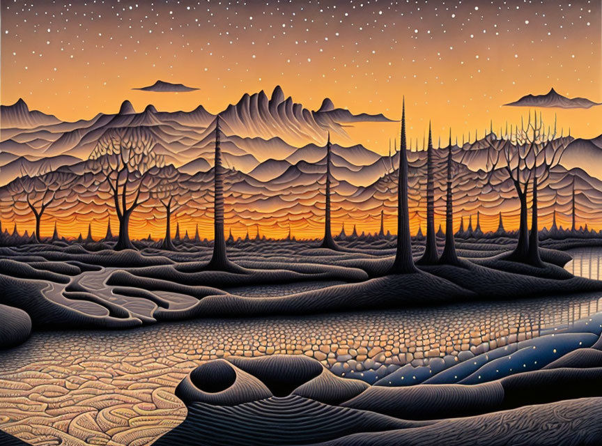 Stylized sunrise landscape: layered mountains, leafless trees, textured ground.