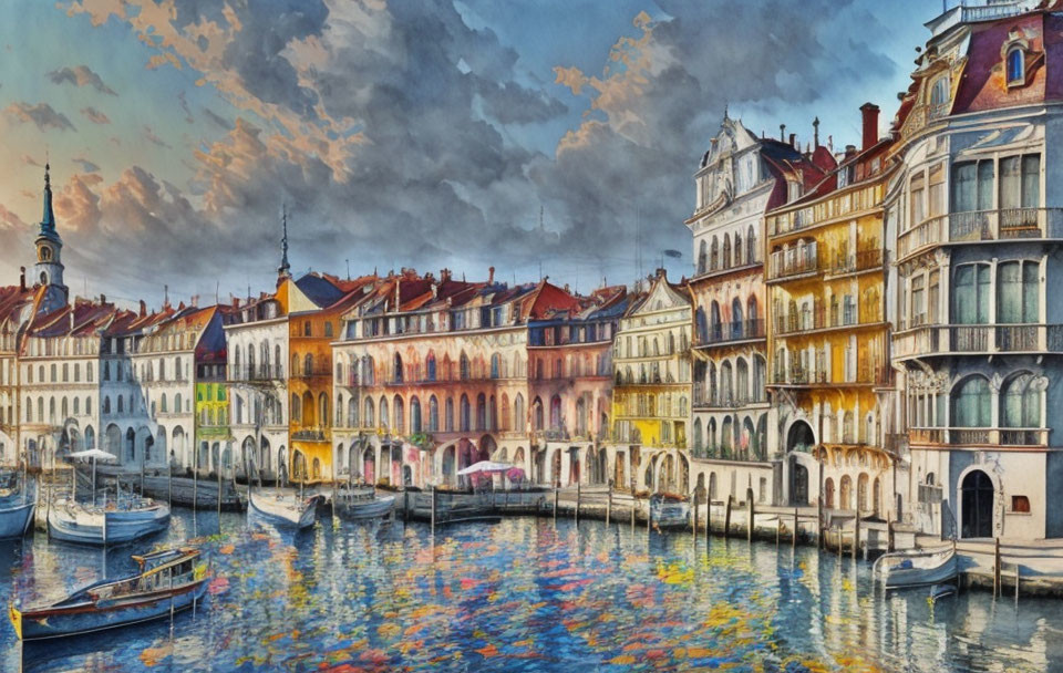 European Canal Scene with Colorful Buildings and Boats Under Cloudy Sky