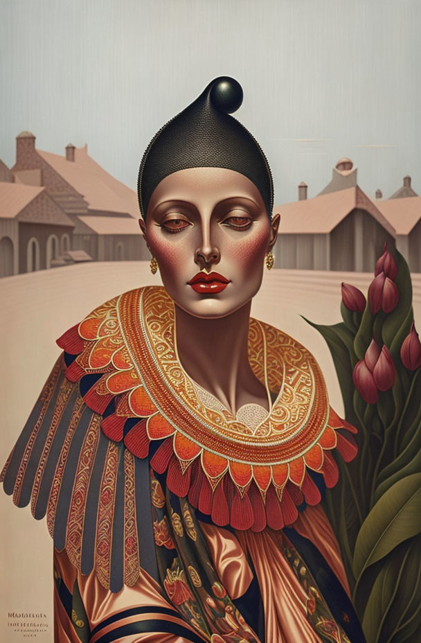 Stylized woman illustration with patterned collar and black headpiece.