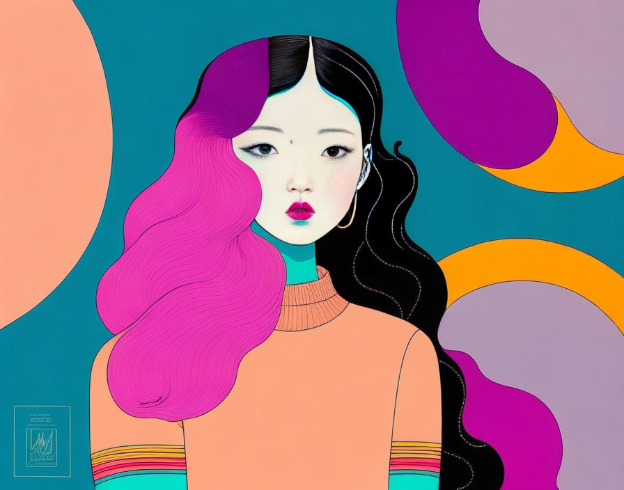 Stylized illustration of woman with pink and black hair on turquoise background