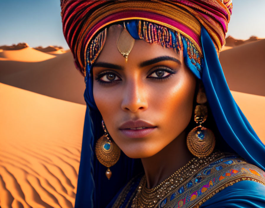 Woman in Colorful Headscarf and Traditional Jewelry in Desert Sunset