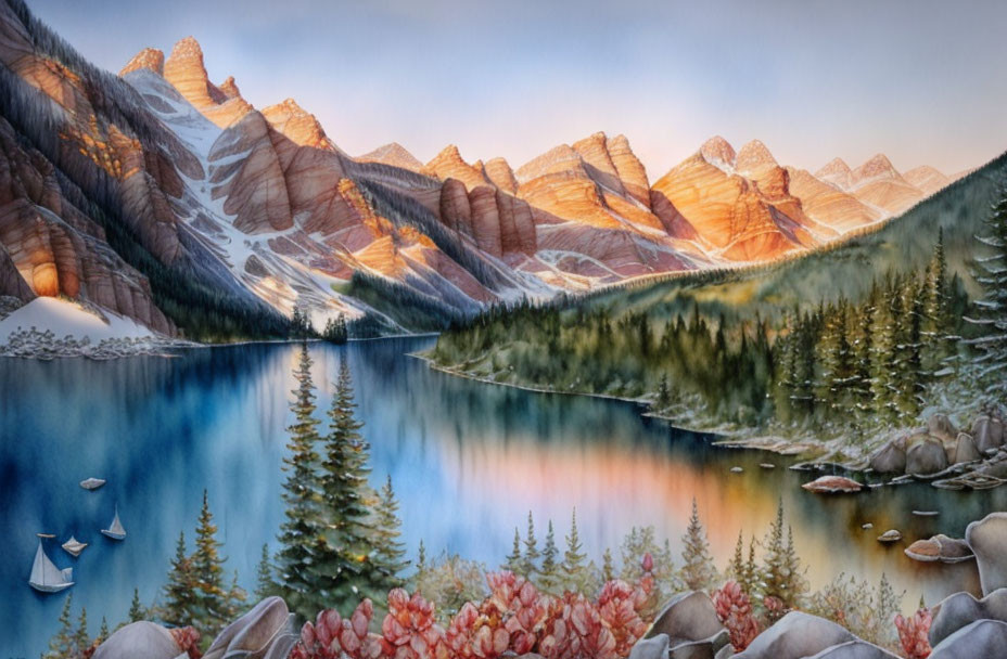 Mountain Range Landscape Painting with Reflective Lake, Pine Trees, Boats, and Sunset Sky