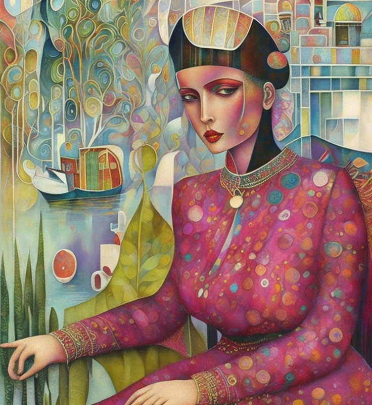 Vibrant surreal artwork of a woman in stylized setting