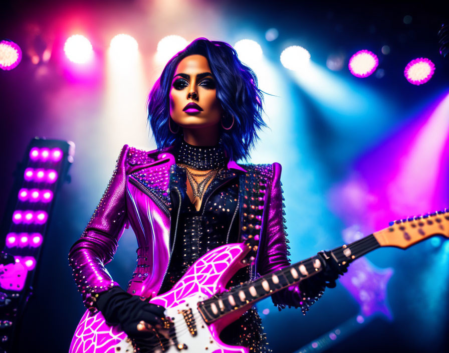 Female Rock Musician with Vibrant Blue Hair Performing Onstage with Electric Guitar