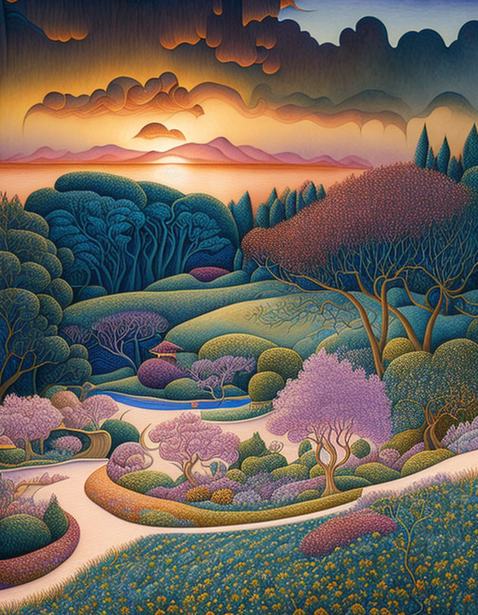Colorful landscape art: river, trees, hills, sunset, mountains