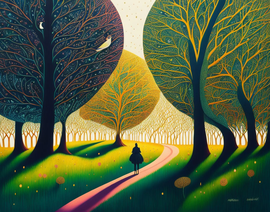 Figure walking on path through colorful forest with intricate tree patterns and crescent moon.