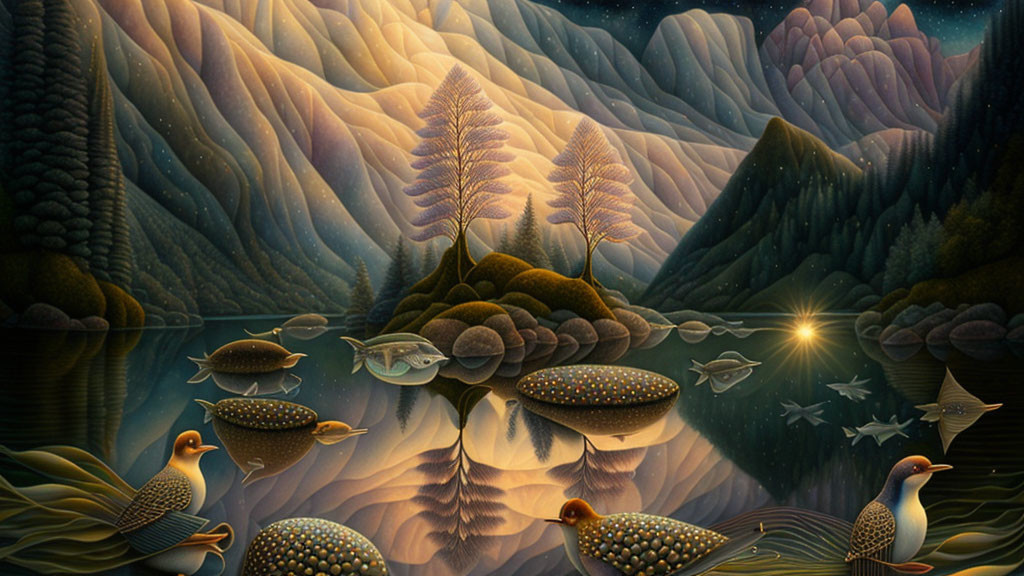 Surreal landscape with stylized trees, tranquil lake, and starry sky