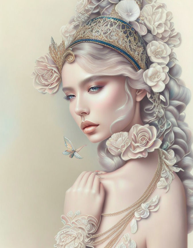 Digital artwork: Pale-skinned woman with crown, surrounded by flowers, gazing at butterfly