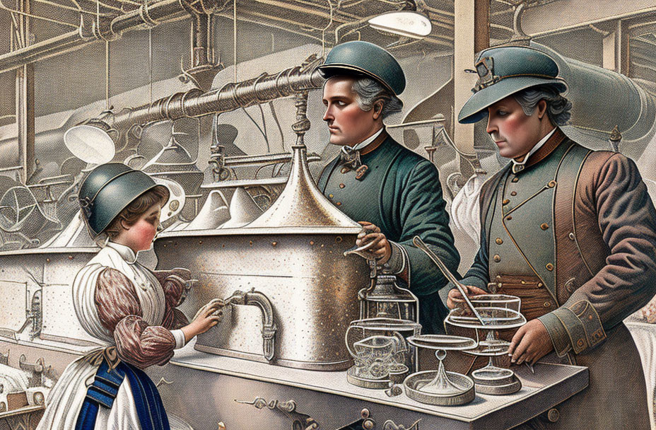 Vintage uniformed individuals operate brewing equipment with precision.