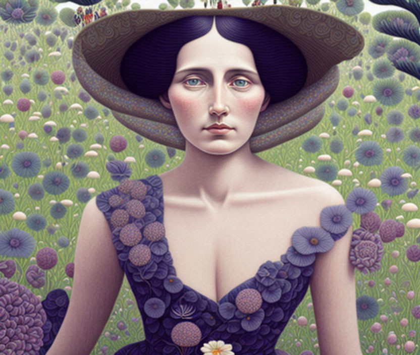 Woman in wide-brimmed hat and floral dress against surreal flowered background