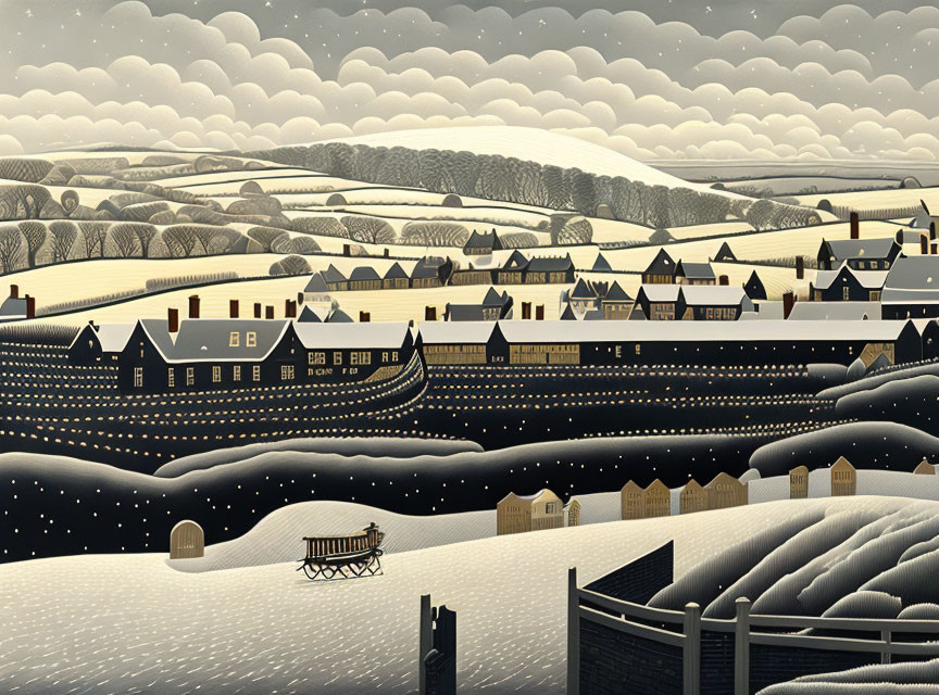 Illustrative snow-covered village on undulating hills at night