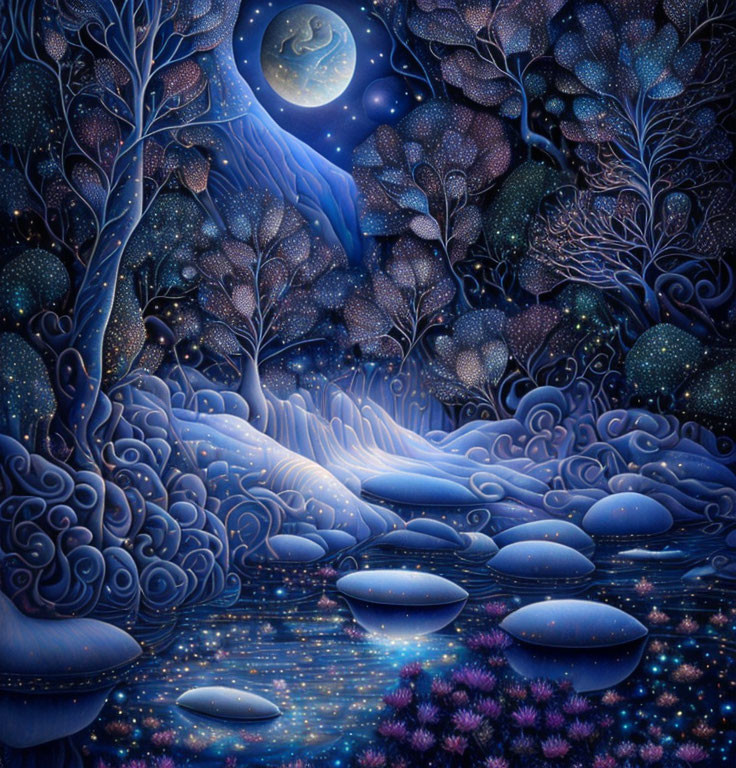Surreal night scene with vibrant blue colors, moonlit stream, stepping stones, foliage, and