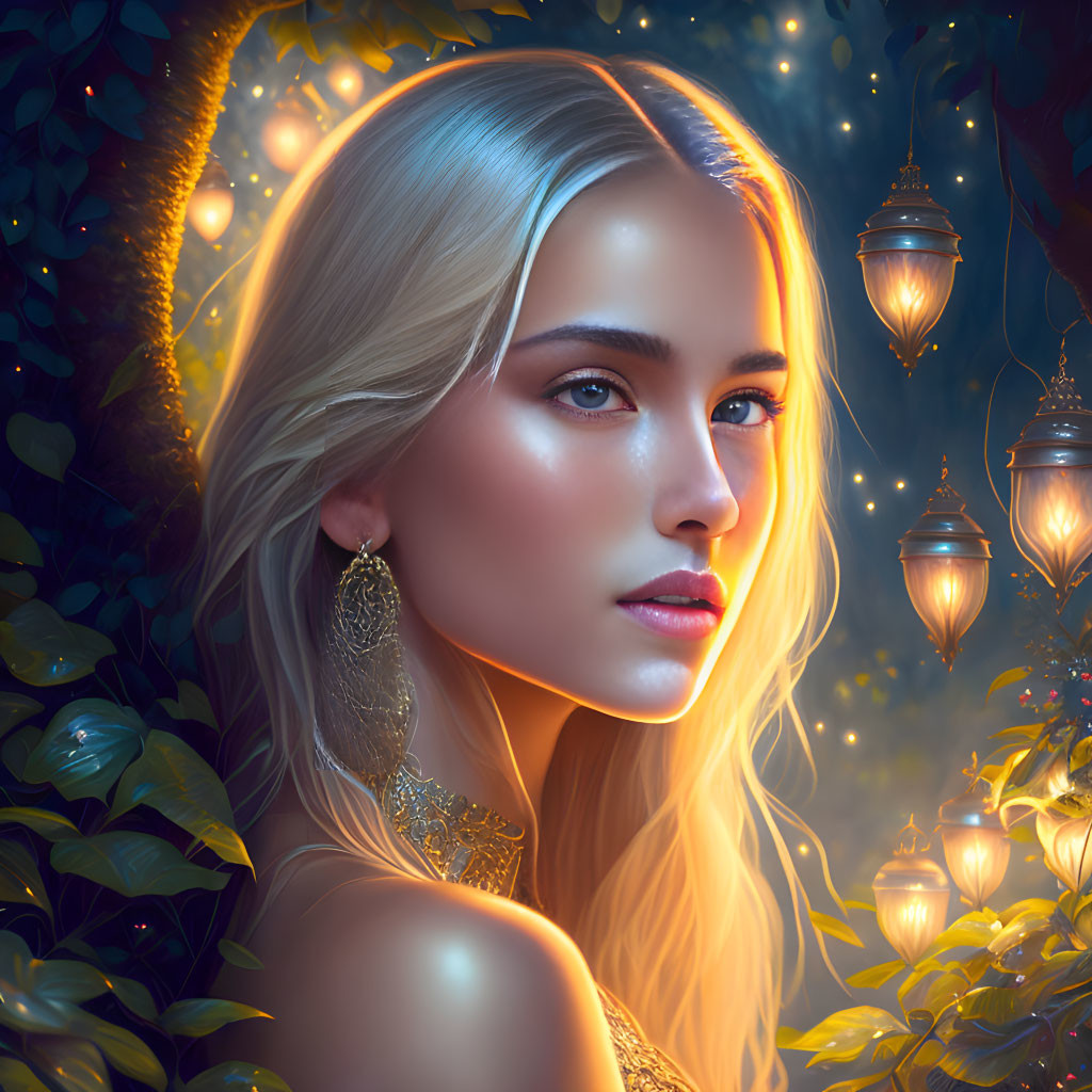 Blonde-haired woman portrait with glowing lanterns and foliage