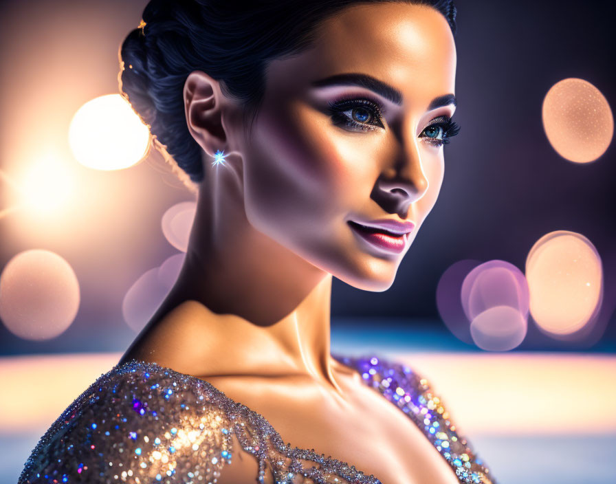 Glamorous woman with striking makeup in sparkly dress amidst soft bokeh lights