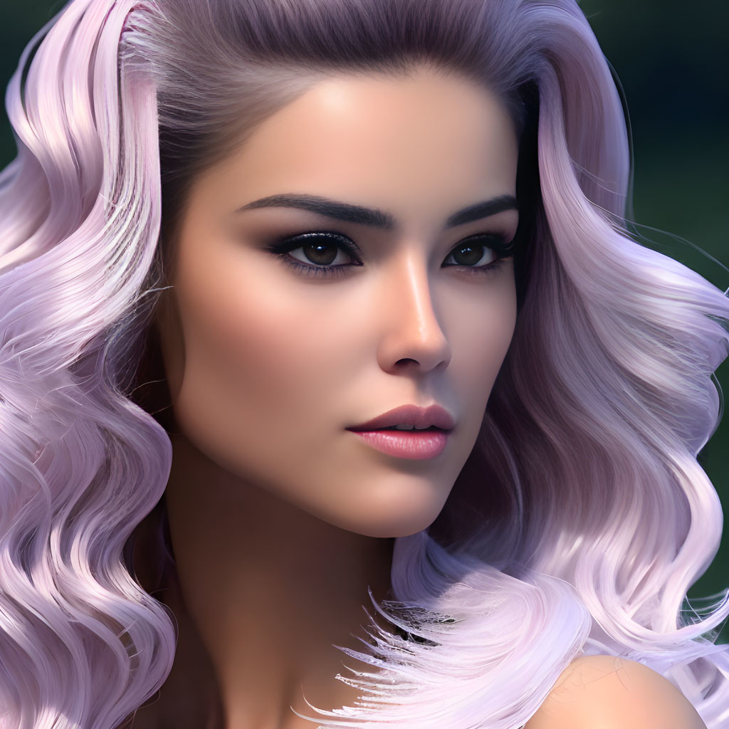 Digital artwork: Woman with pastel pink hair, defined eyebrows, glowing skin on green background