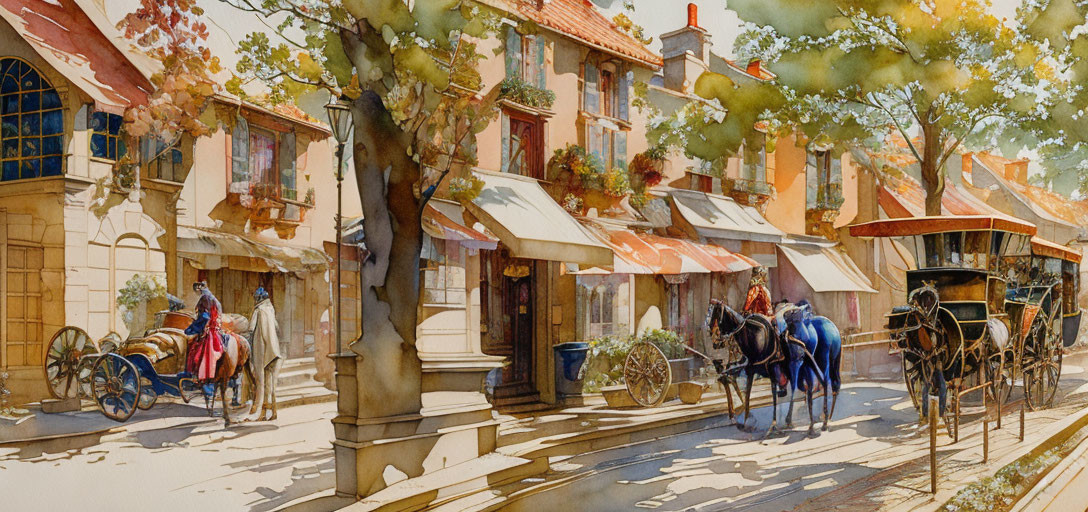 Vibrant painting of quaint street scene with horse-drawn carriages and charming storefronts