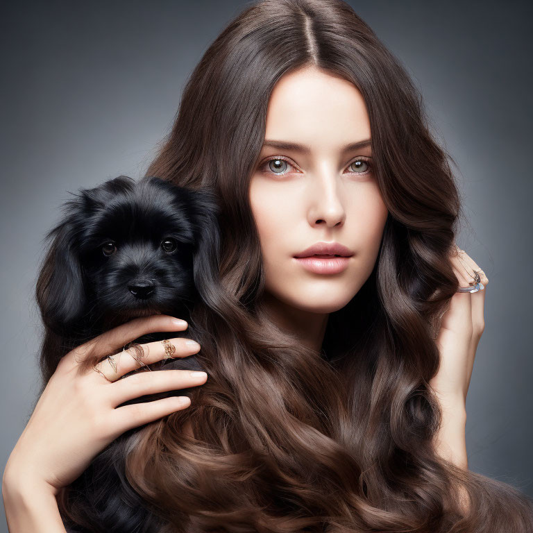 Woman with Long Wavy Hair Holding Small Black Puppy