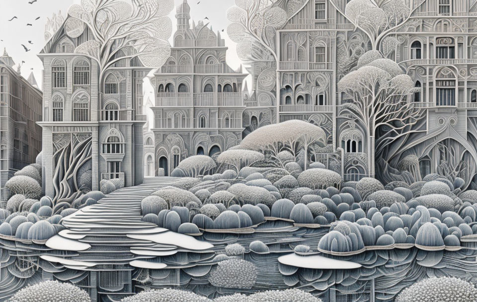 Fantastical Monochromatic Landscape with Elaborate Tree-like Structures