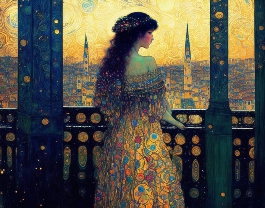 Woman with floral headdress on balcony overlooking golden cityscape