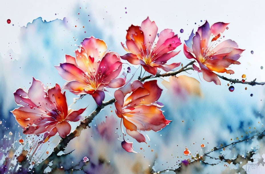 Delicate Cherry Blossoms Watercolor Painting in Pink and Orange