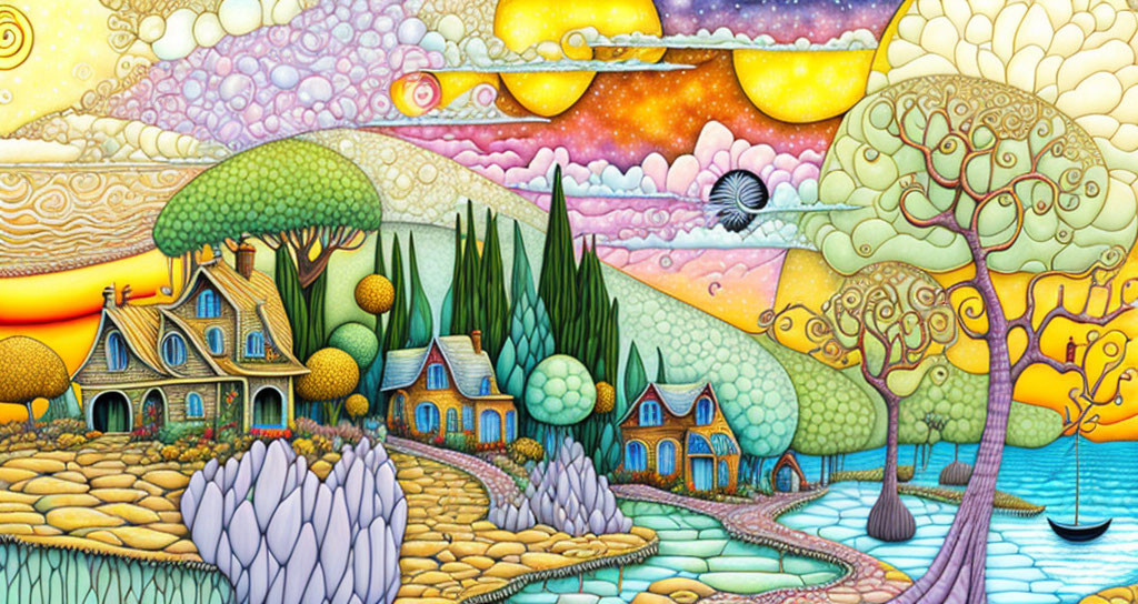 Colorful surreal landscape with whimsical houses and celestial sky