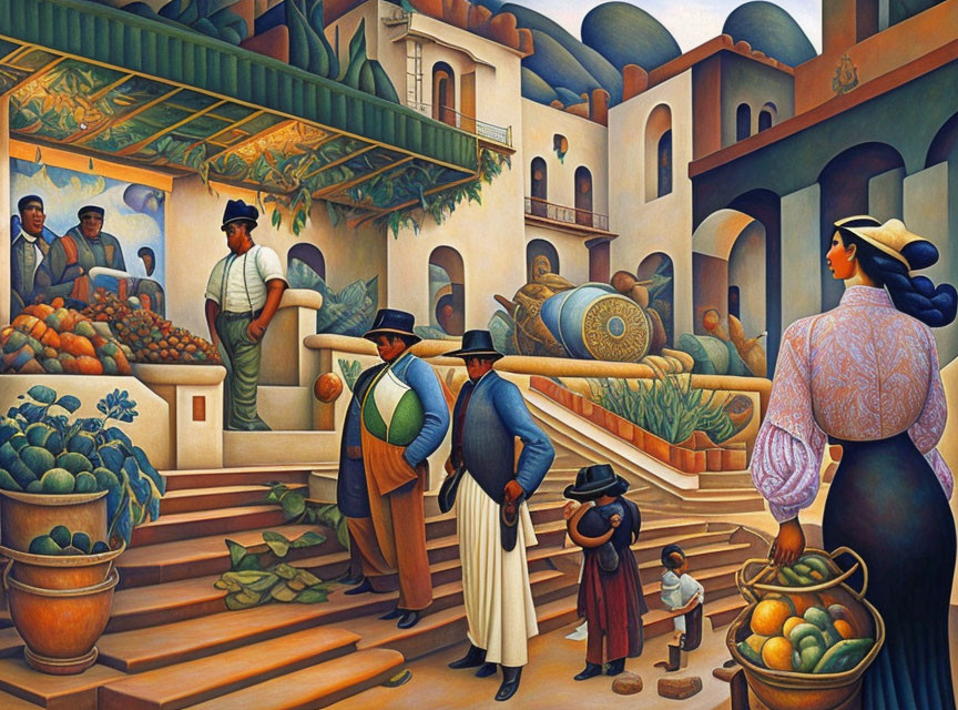 Vibrant market scene with traditional clothing and earth-toned buildings