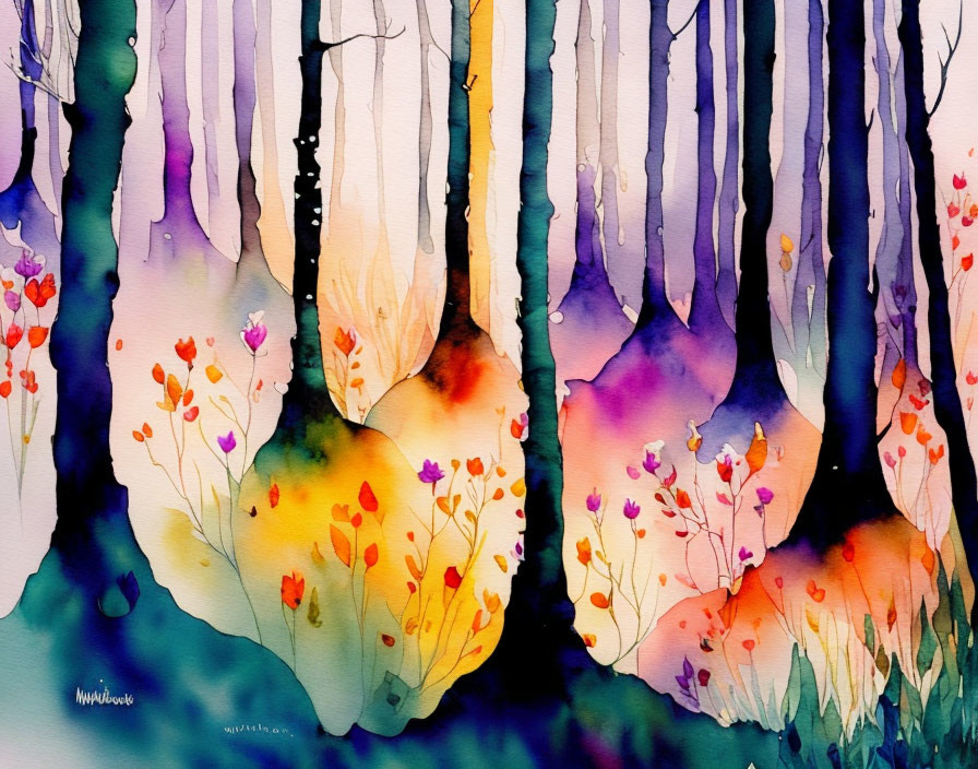 Vibrant watercolor painting of enchanted forest with colorful foliage