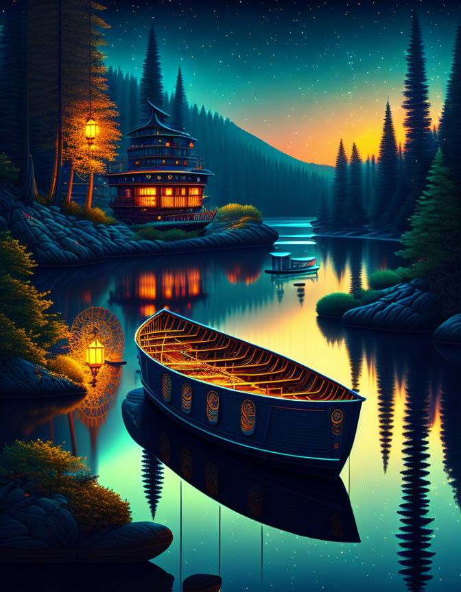 Tranquil digital artwork of traditional boat on calm lake at dusk