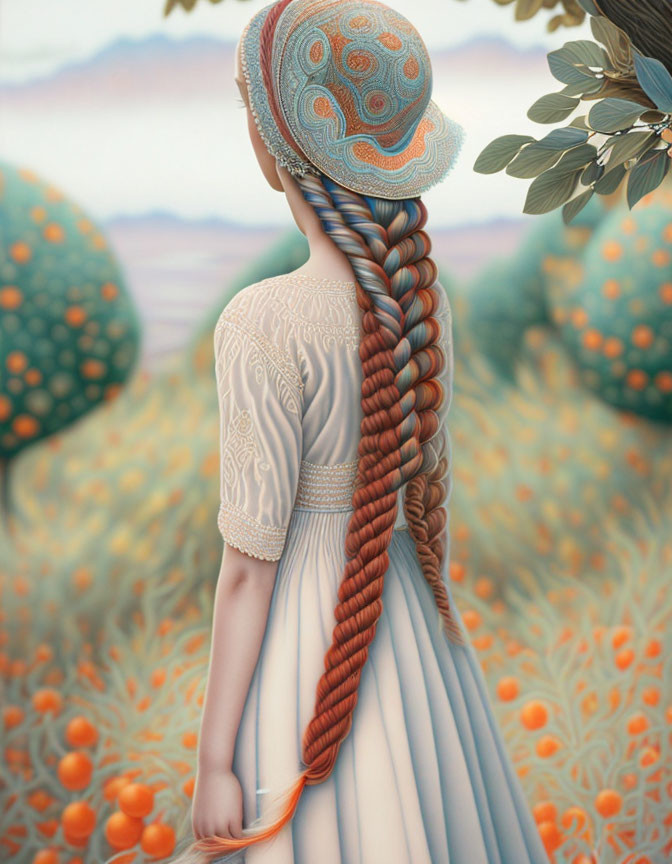 Braided woman in traditional attire in surreal orange tree landscape