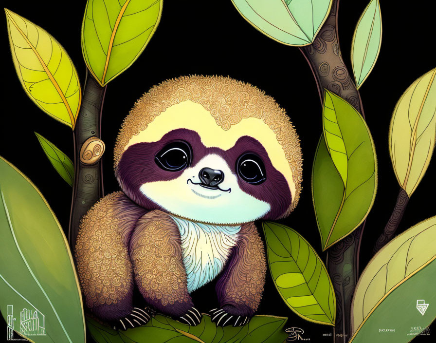 Stylized cute sloth surrounded by green leaves and intricate fur patterns