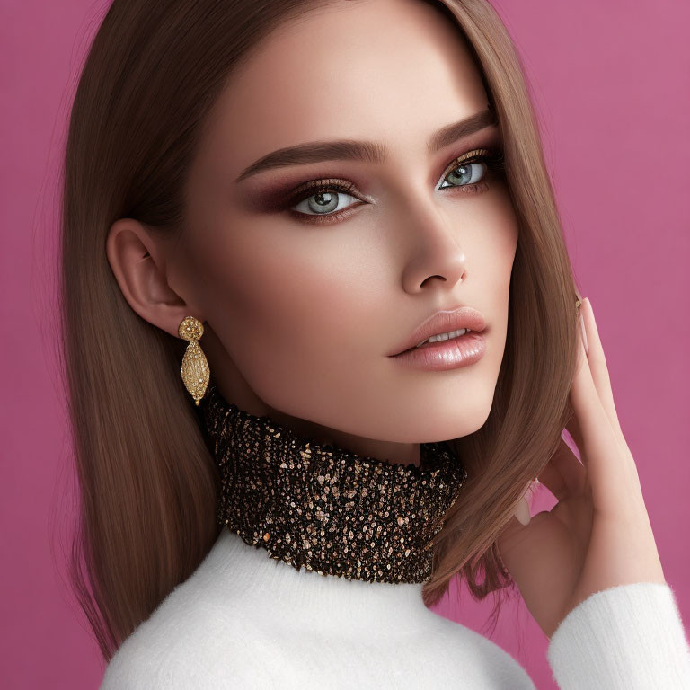 Brown-haired woman in white top and beaded choker on pink background