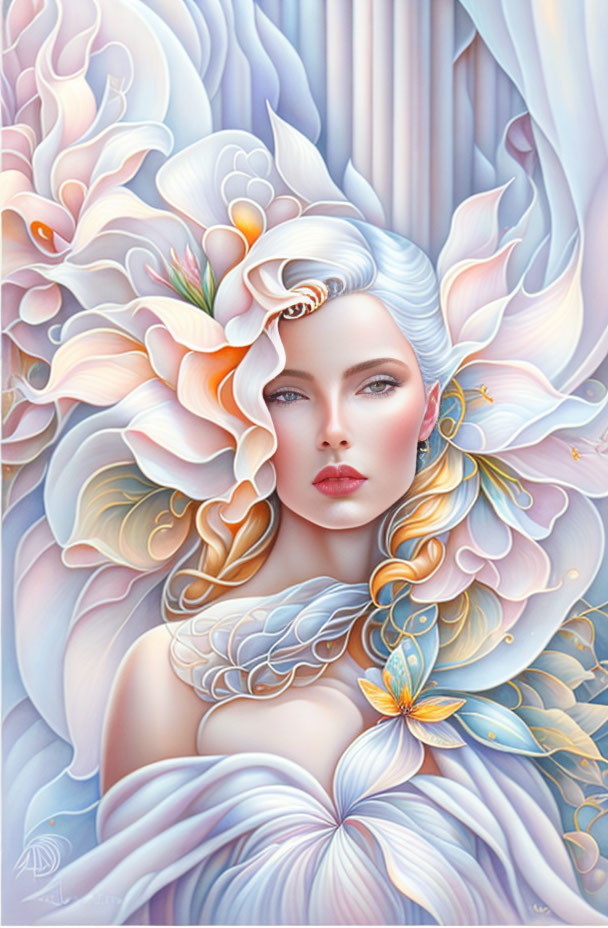 Surreal portrait of woman with pale skin and pastel flowers