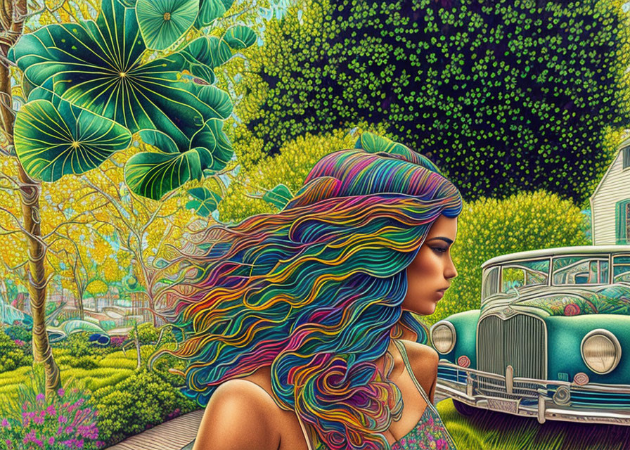 Colorful profile portrait of a woman with multicolored hair in lush garden with vintage car