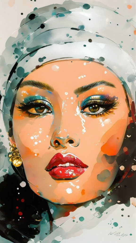 Portrait of woman with bold red lips and white headscarf against colorful paint backdrop