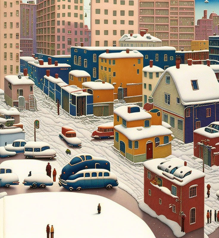 Snowy urban scene illustration with vintage style and colorful houses