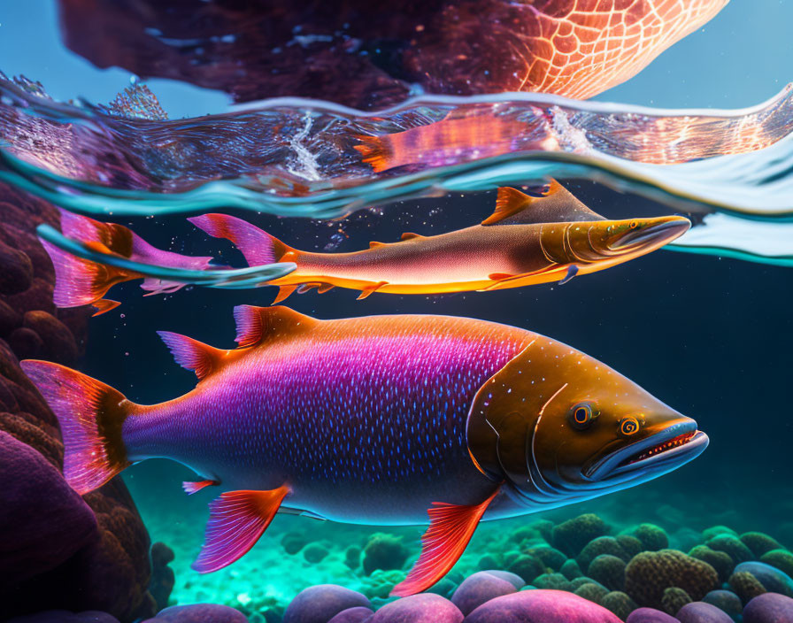 Vibrant fish and coral reef with light penetrating water surface