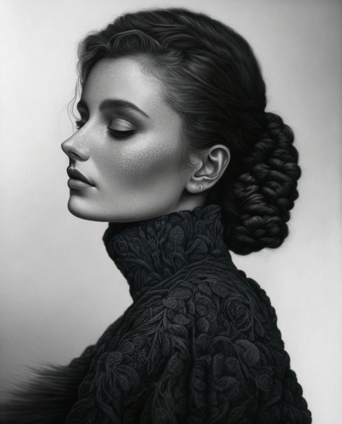 Monochrome portrait of woman with braided updo and textured turtleneck