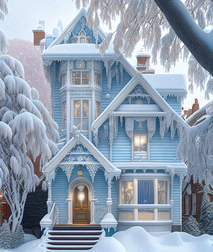 Blue Victorian House with White Trim in Snowy Landscape