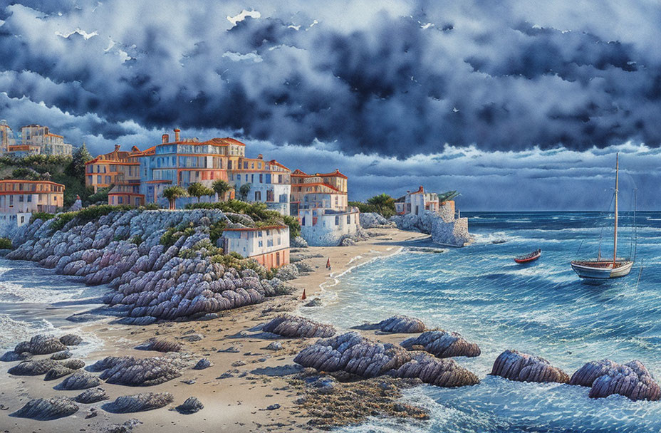 Terracotta-roofed buildings, sand beach, rocky outcrops, boats, dramatic sky