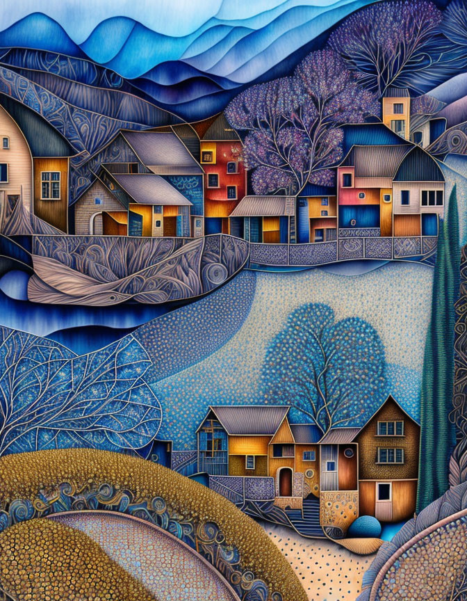 Colorful Stylized Artwork of Quaint Village and Whimsical Trees