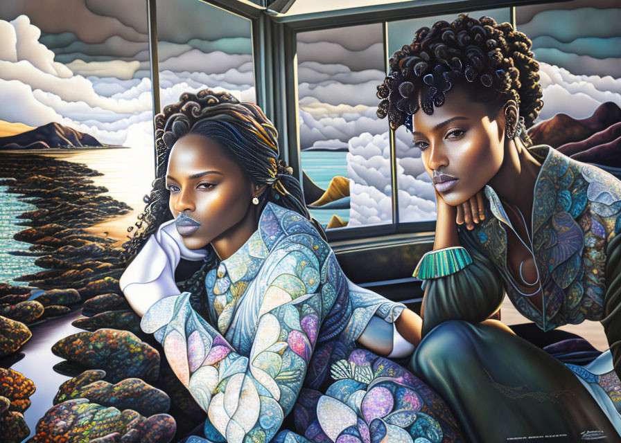 Stylized women on train with coastal view