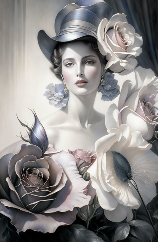 Elegant woman in wide-brimmed hat with roses and butterfly in soft hues