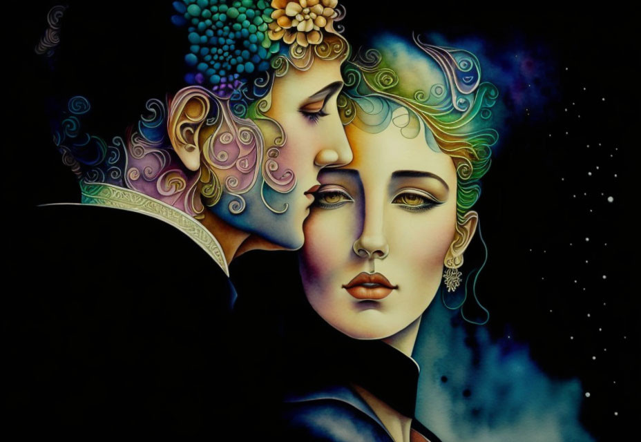 Vibrant surreal painting of man and woman with intricate hair patterns