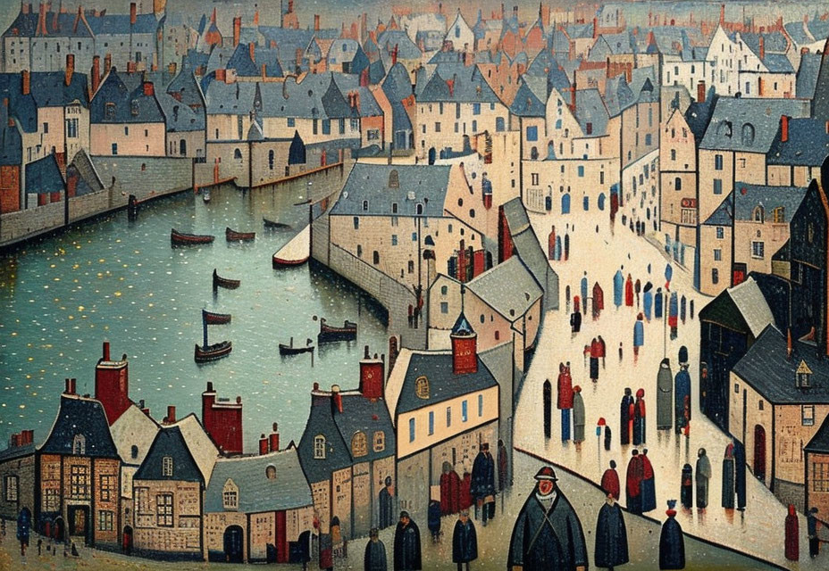 Vibrant painting of old town with cobblestone streets and river scene