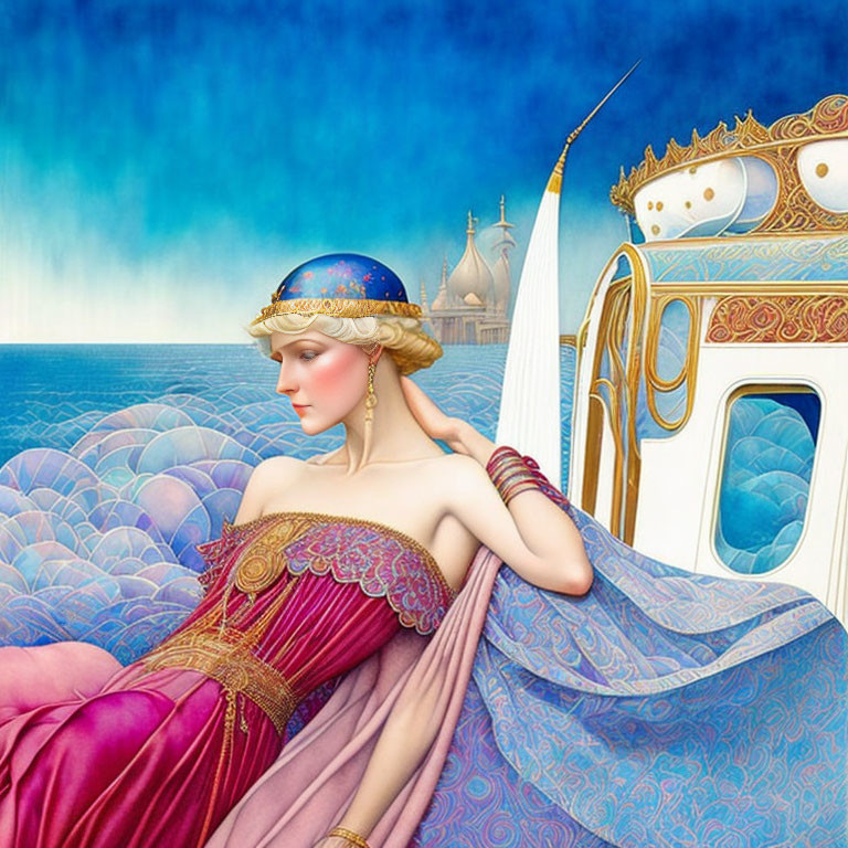 Stylized illustration of woman in red and purple garments by golden boat and architectural structures under blue sky