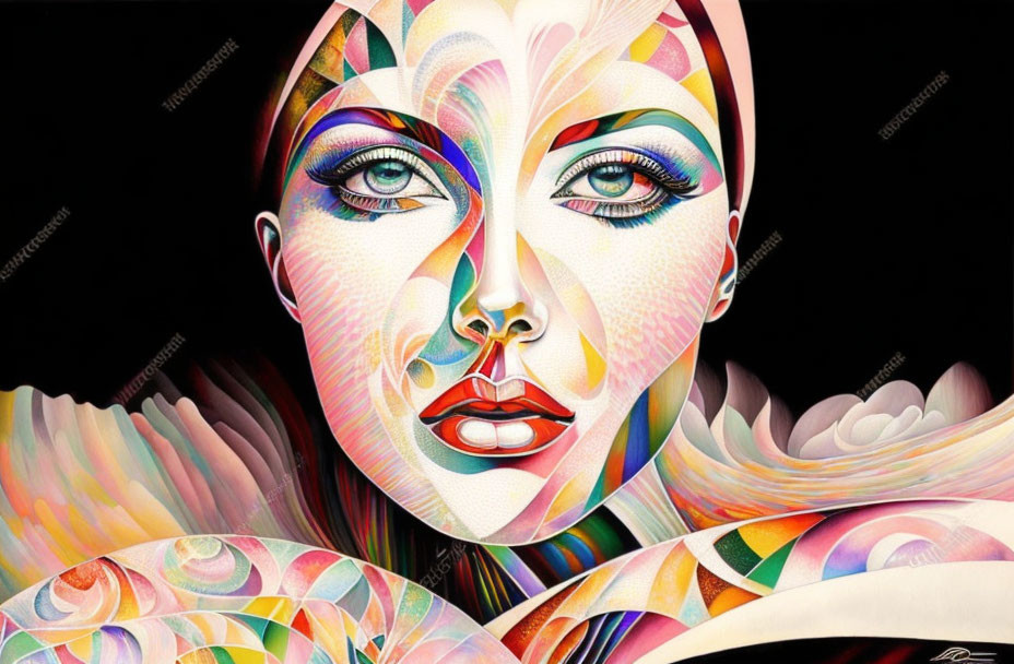 Colorful Abstract Portrait of Woman with Swirling Patterns and Shapes