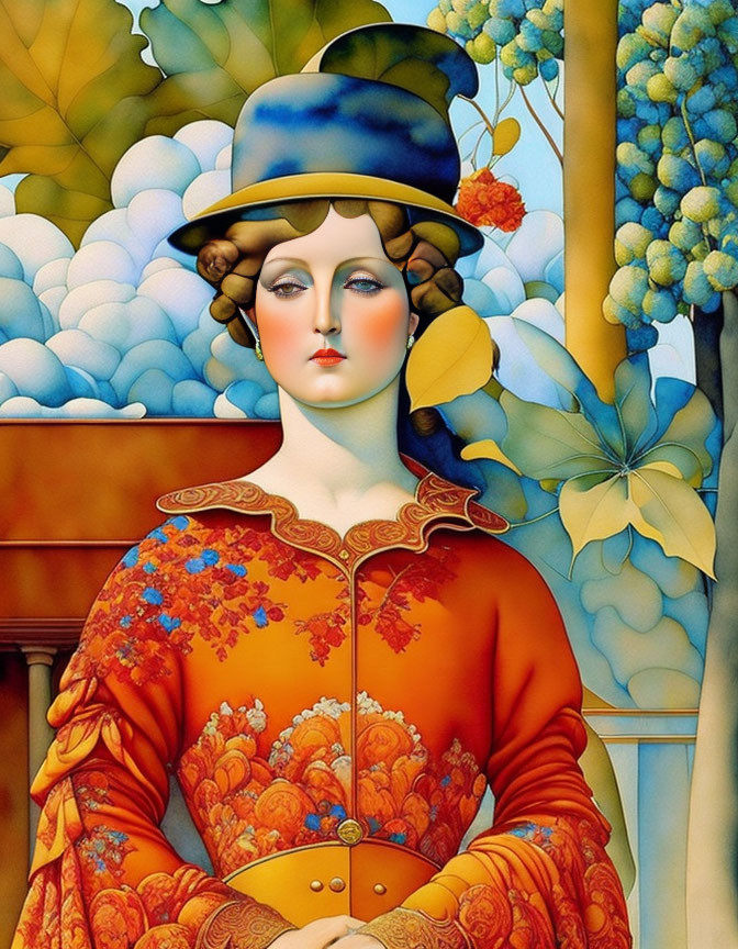 Colorful woman in floral jacket and blue hat against whimsical backdrop