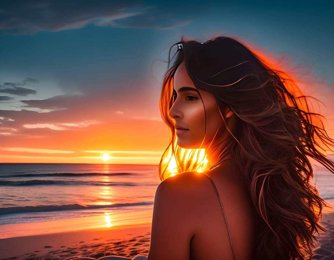 Woman with flowing hair and sleep mask at vibrant sunset beach